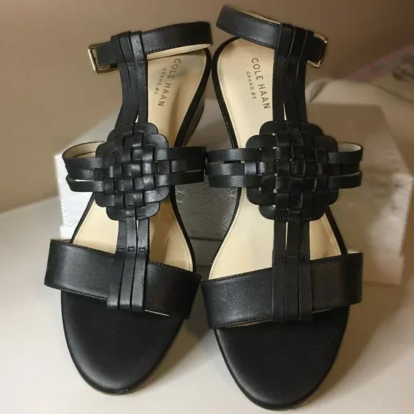 COLE HAAN "Findra" Black Leather Woven Slide Wedge Sandal | Size 9B - Picture 7 of 15